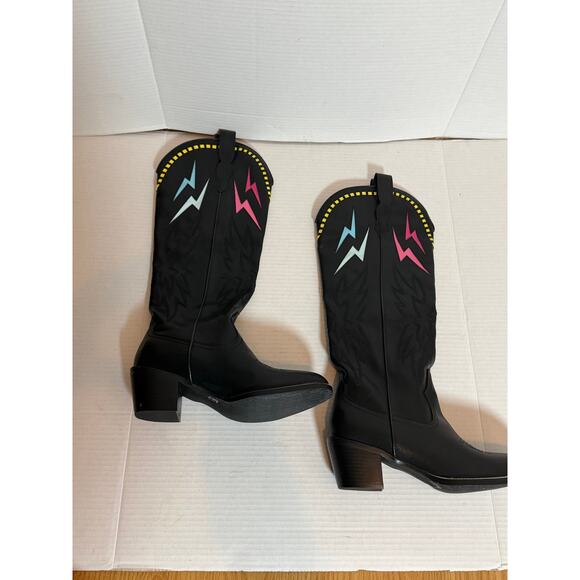Women's Tall Black Western Lightning Bolt Design Concert Festival Boots Size 40 - Picture 2 of 10